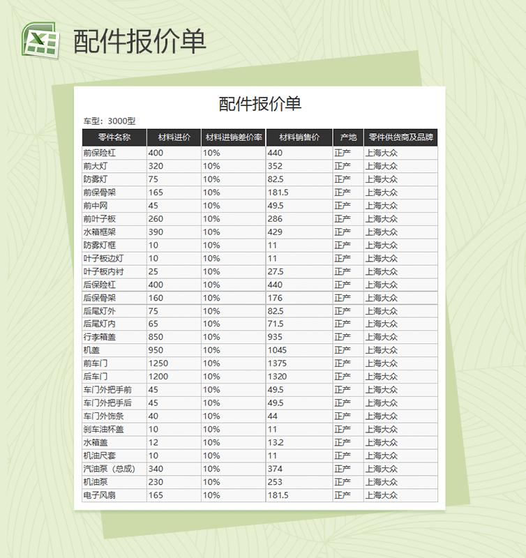 汽车材料配件报价单通用表格Excel模板