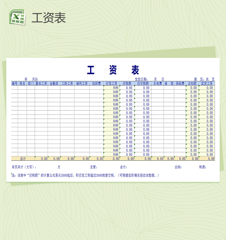 企业公司工资表Excel表格模板下载