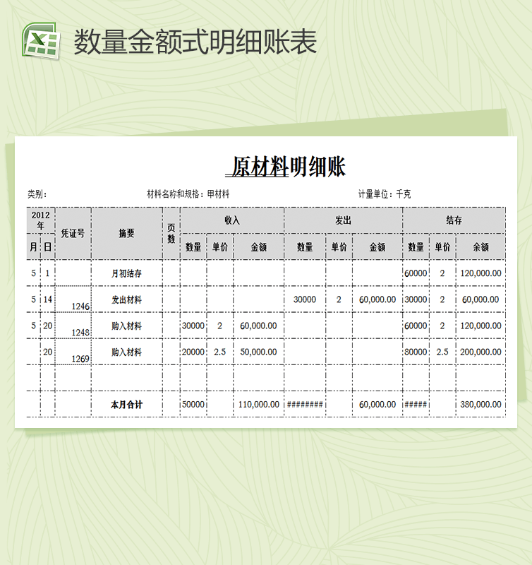 原材料数量金额式明细账单Excel表格