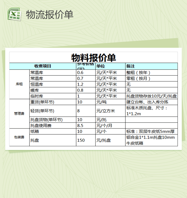 物流物料报价单模板Excel表格