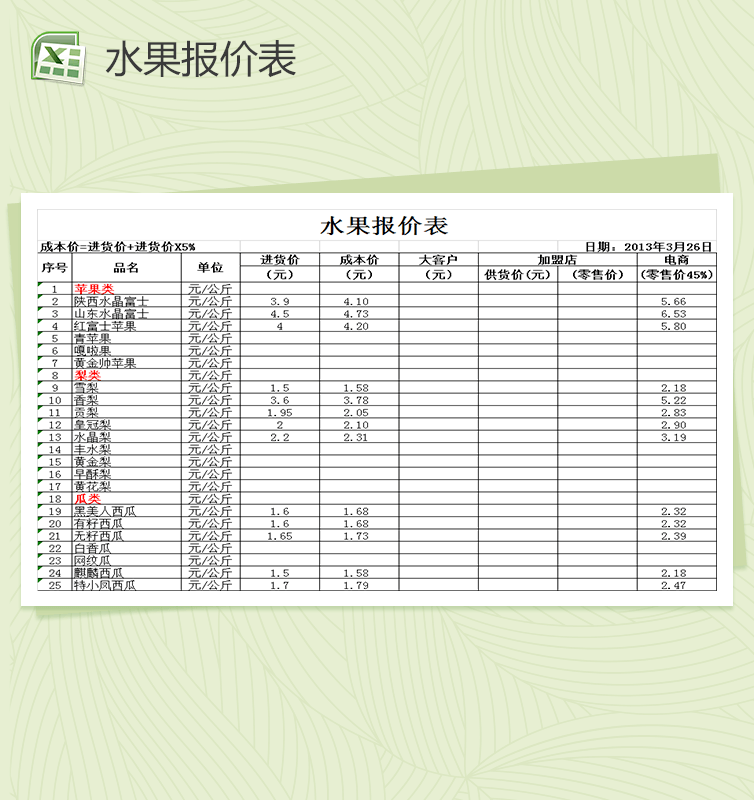 超市水果报价单Excel表格模板