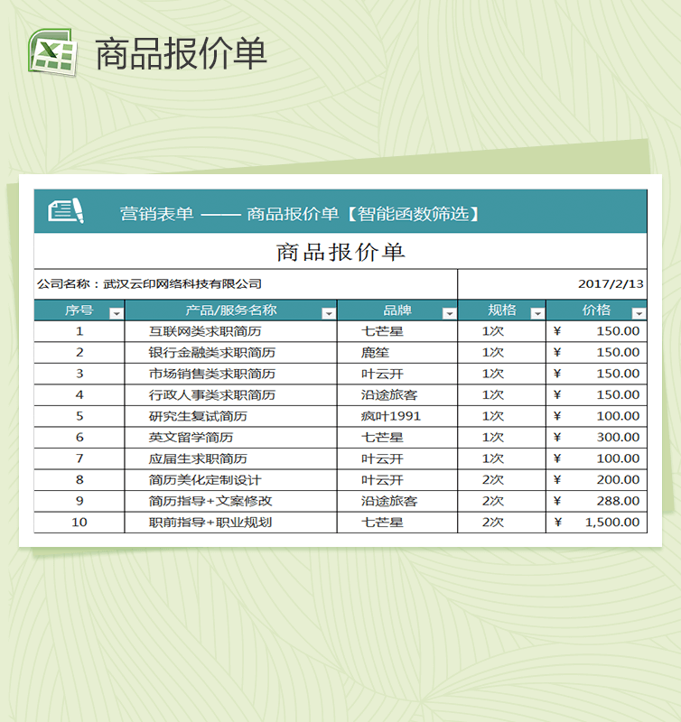 某公司商品报价单表格Excel模板