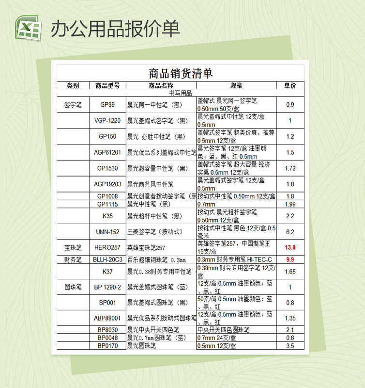 办公用品清单及报价单模板Excel表格