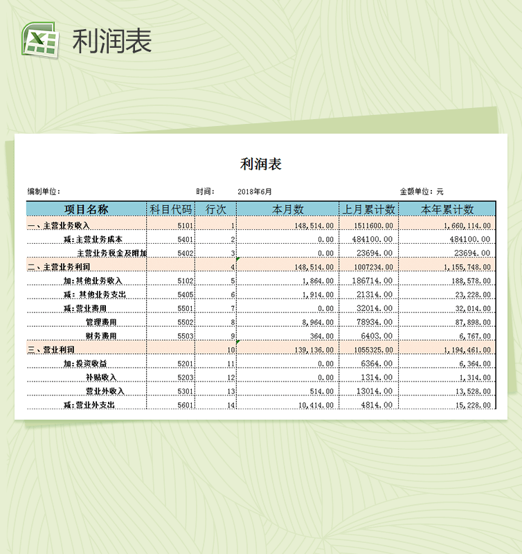 利润财务会计报表excel表格模板