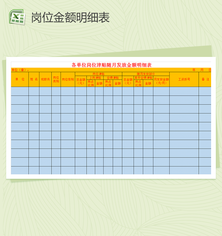 各单位岗位津贴随月发放金额明细表