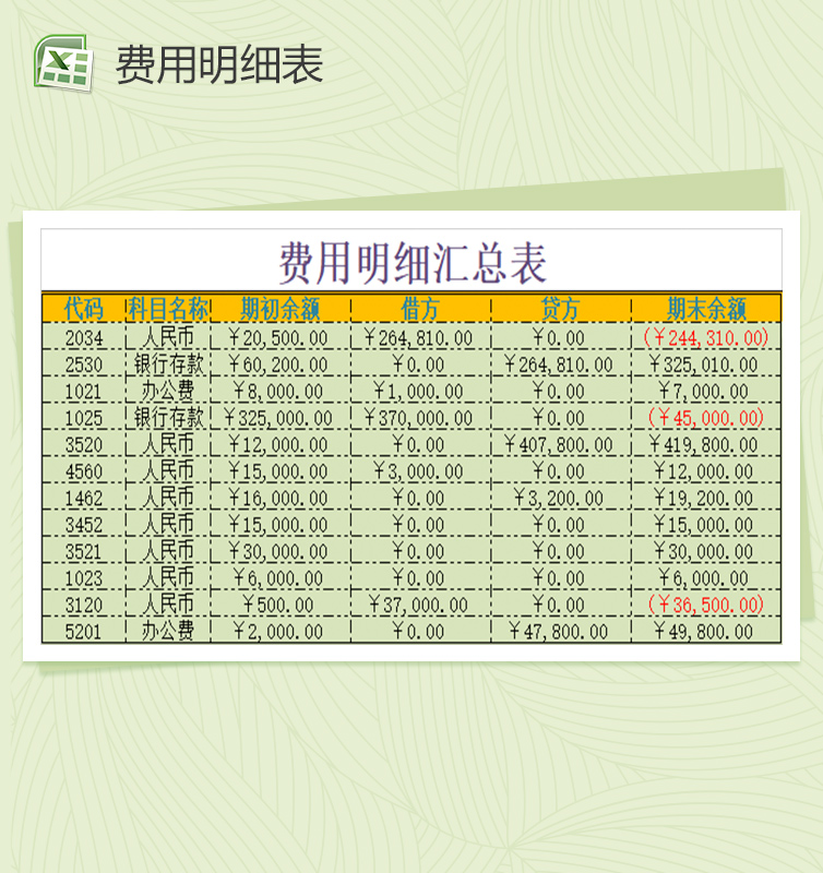 费用明细汇总表Excel模板