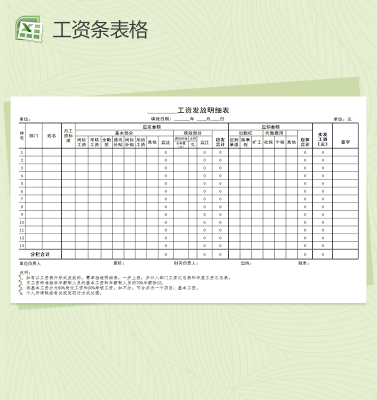 简单的工资发放明细表excel表格模板