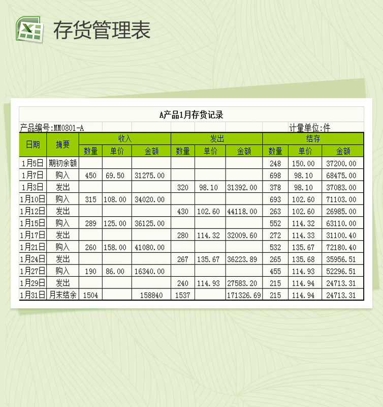 常规存货管理表Excel模板