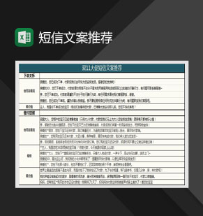 线上双十一大促短信文案推荐Excel模板