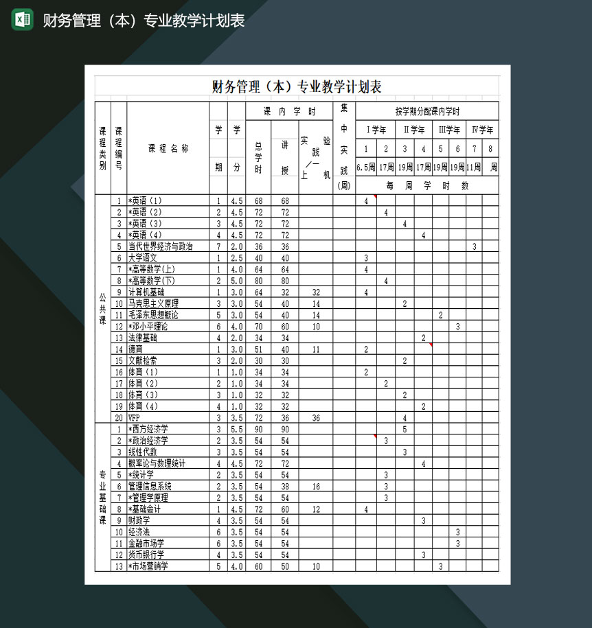 财务管理专业教学计划表学校通用Excel模板