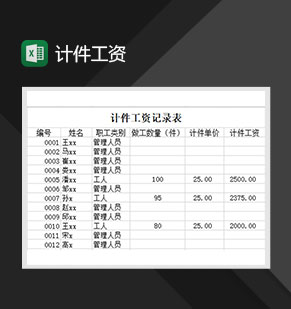 计件工资记录表工资表Excel模板