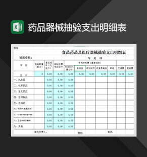 食品药品及医疗器械抽验支出明细表财务管理Excel模板