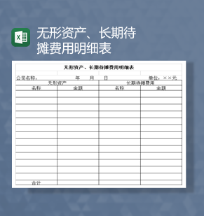 无形资产长期待摊费用明细表Excel模板