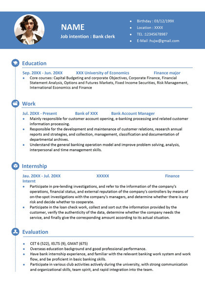 极简商务蓝银行职员英文个人简历模板