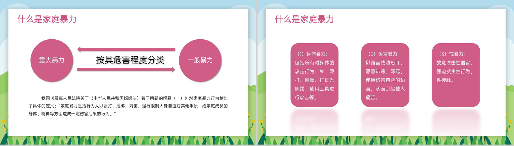 绿色可爱卡通不要让幸福毁于暴力国际消除家暴日主题活动PPT模板-4