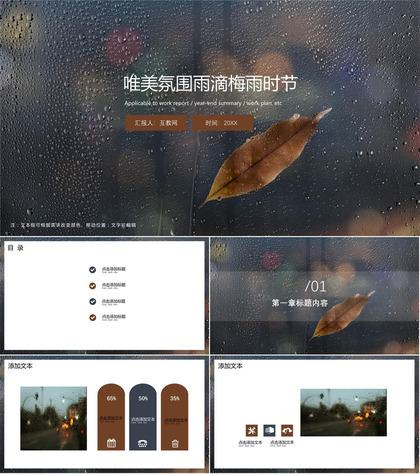 唯美氛围雨滴梅雨季节ppt模板下载