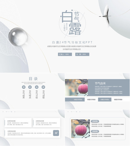 浅灰色简约风二十四节气白露节气特点习俗介绍PPT模板