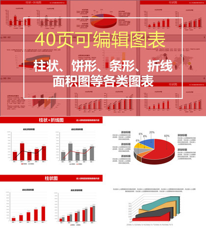 红色可编辑数据分析图表合集PPT图表模板