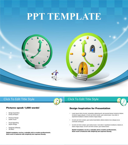 蓝色淡雅卡通时钟背景商务PPT模板