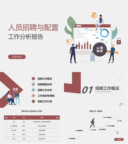 棕红扁平风人员招聘与配置工作数据化总结分析PPT模板