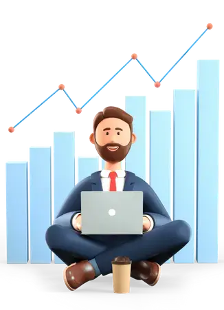 商务人士与笔记本电脑和增长图表的3D插图PNG免抠图片
