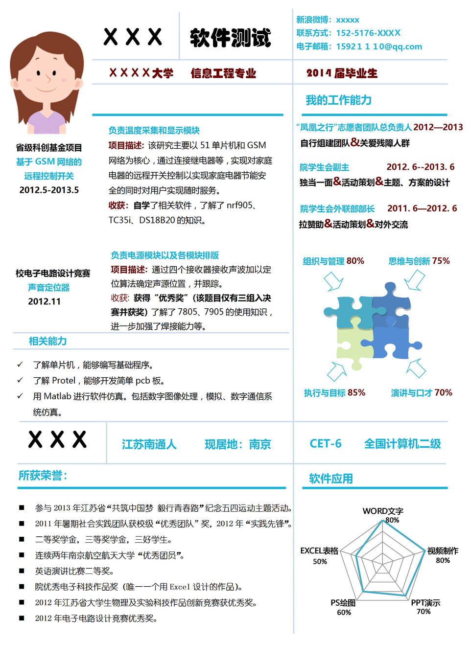 蓝色创意风格求职竞聘软件测试个人简历word简历模板-1