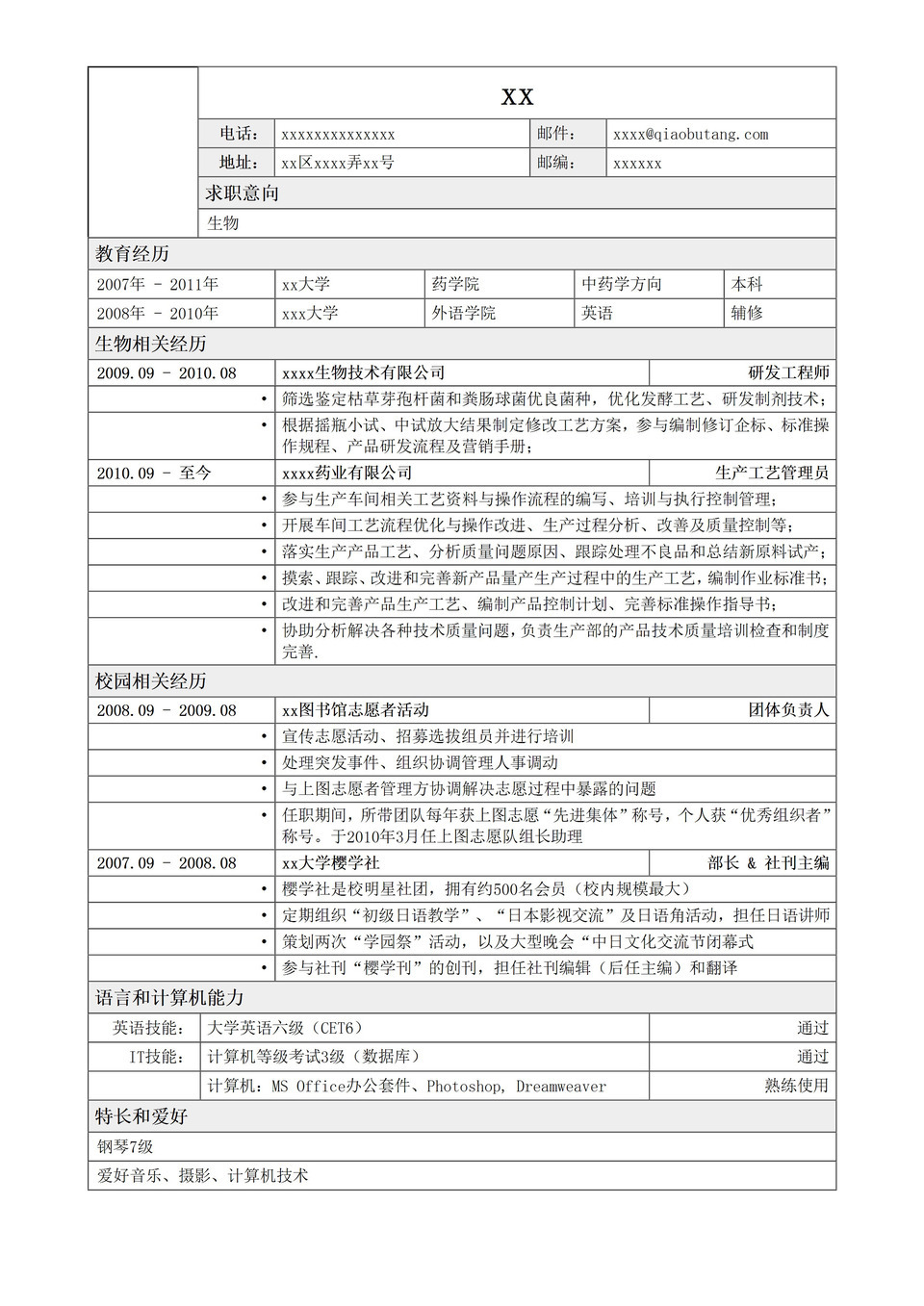 应聘生物类岗位简历模板罗列式word模板-1