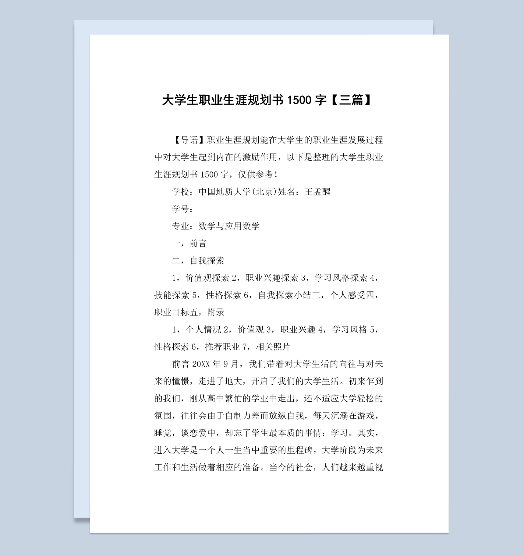 数学与应用数学专业大学生职业生涯规划书Word模板-1