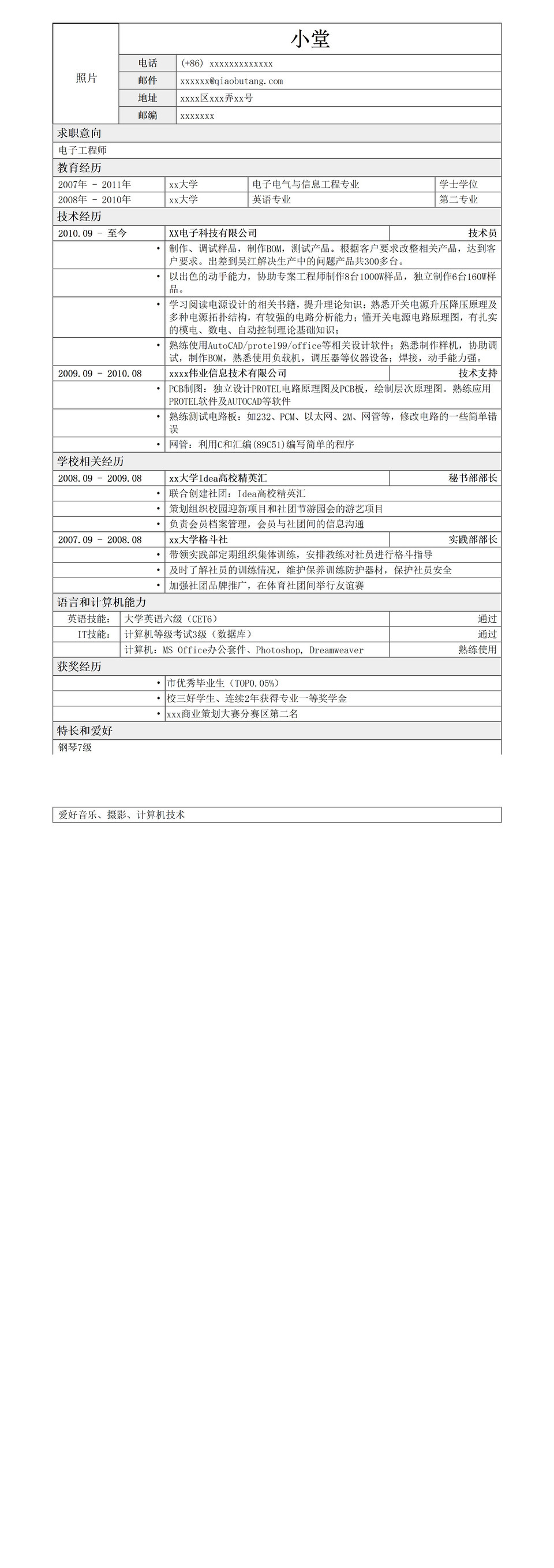 应聘电子工程师岗位简历模板word模板-1