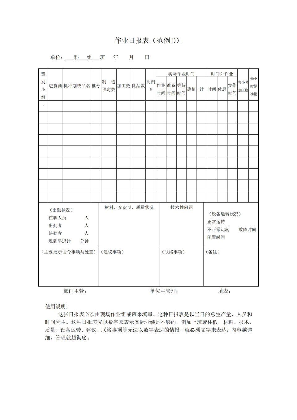 部门员工作业时间情况出勤作业日报表word模板-1