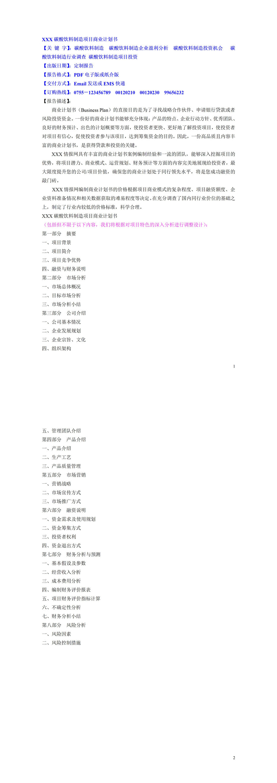 中国碳酸饮料制造项目商业计划书word模板-1