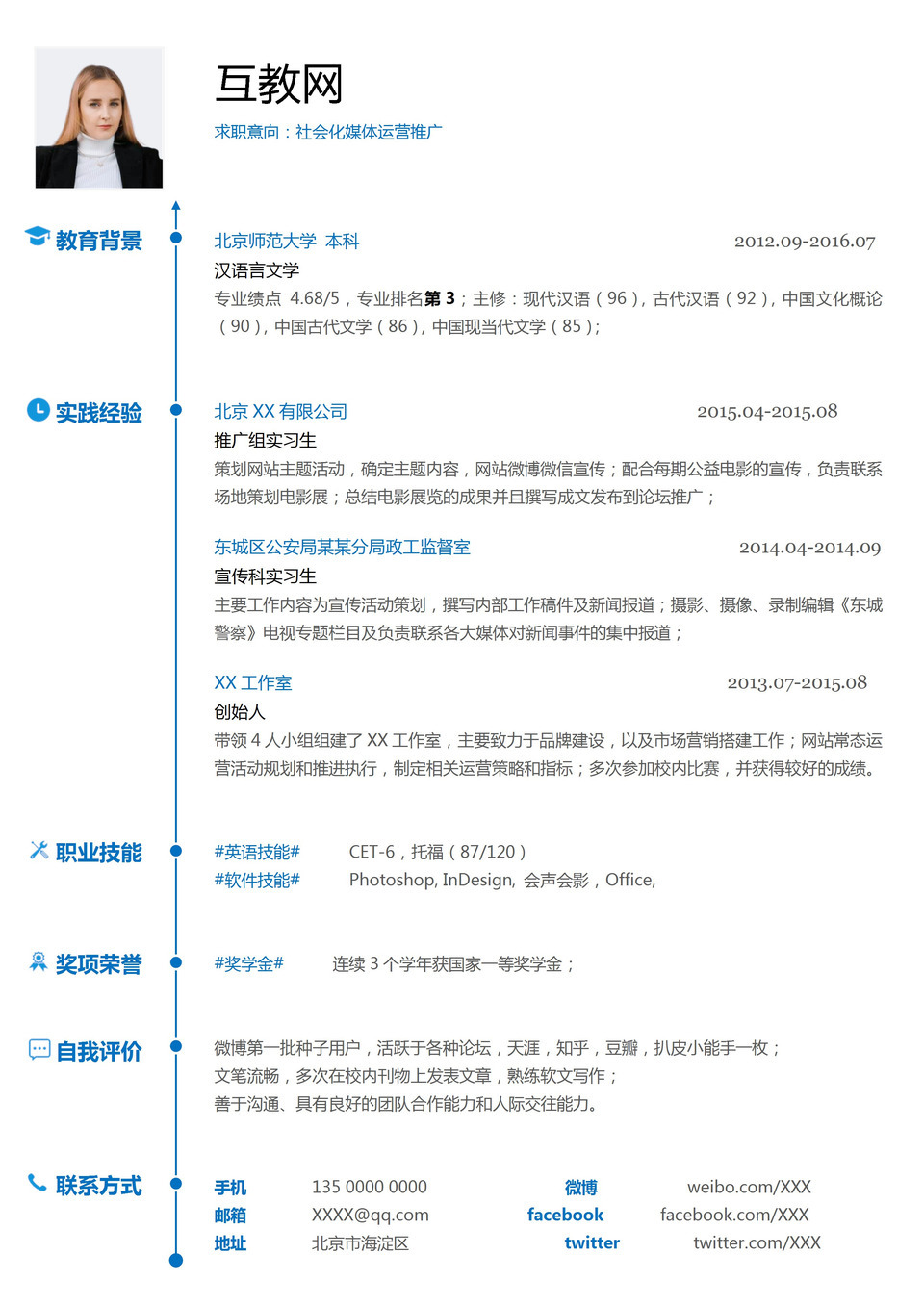 社会化媒体运营推广专员通用求职简历个人简历Word模板-1