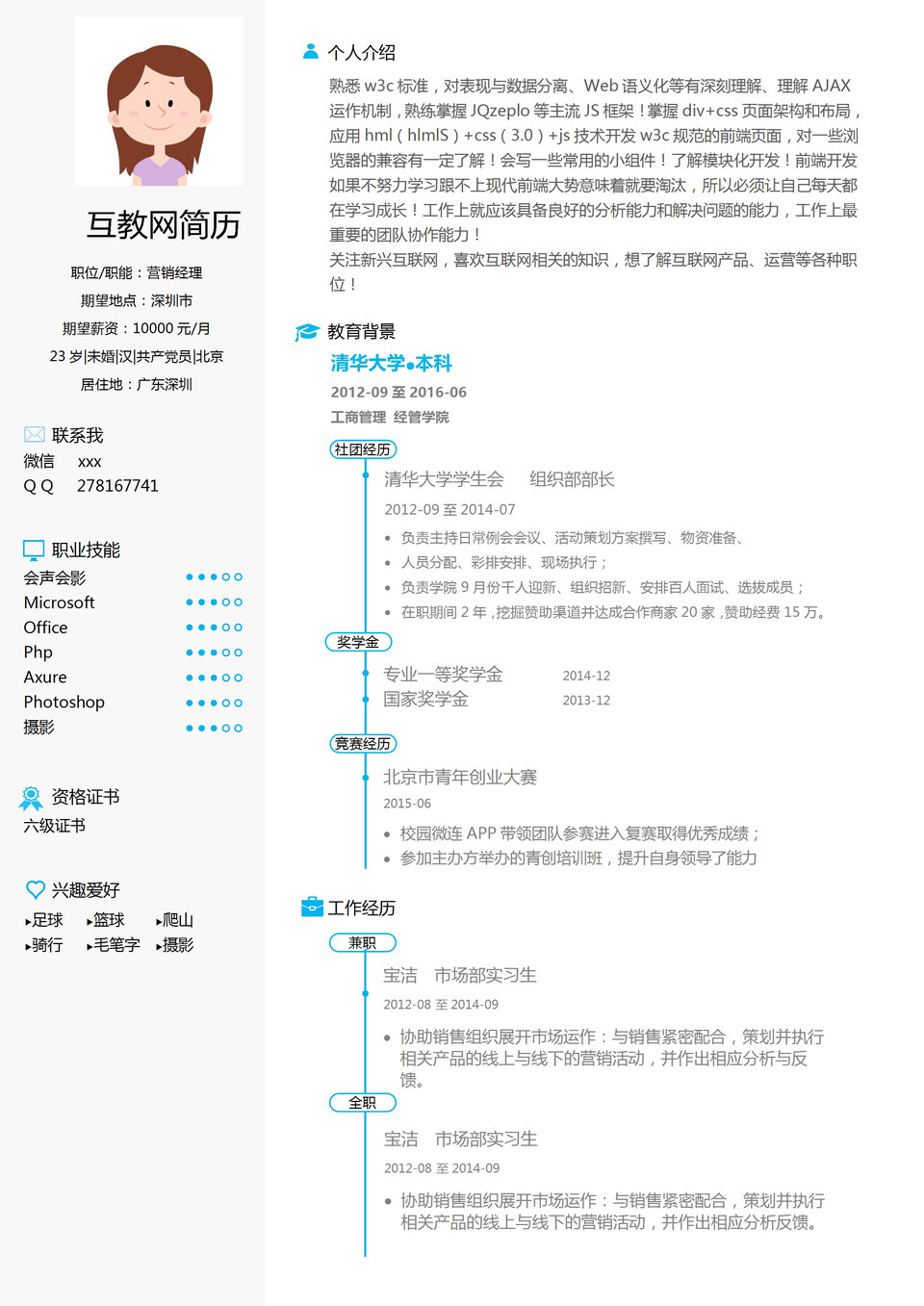 白色大气运营营销经理毕业求职简历Word模板-1