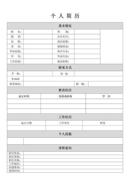 个人求职简历表格简历Word模板