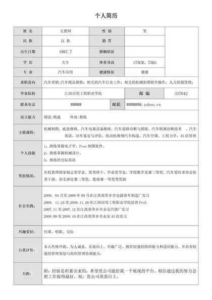 应聘者个人求职表格简历Word模板