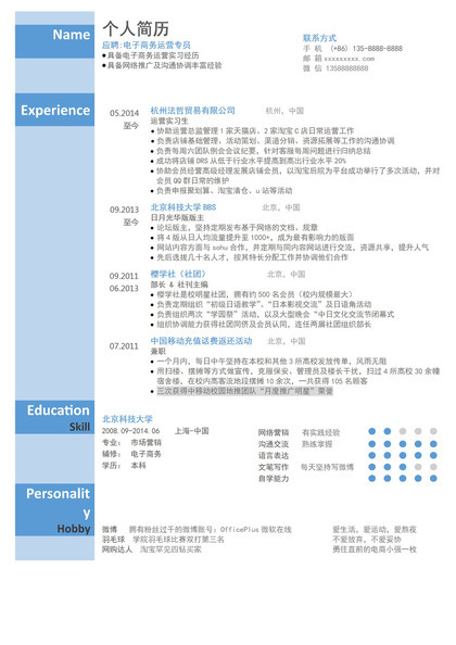 蓝色简约应聘电子商务运营专员Word简历模板