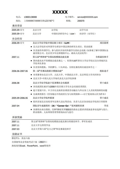 法律专业通用版word求职竞聘简历模板