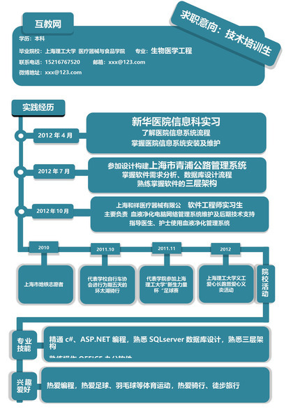 墨蓝色时间线技术培训生求职简历word模板