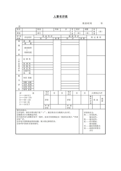 企业人事通用常用员工考评表Word模板