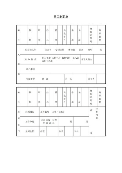 企业公司员工到职入职签到单Word模板