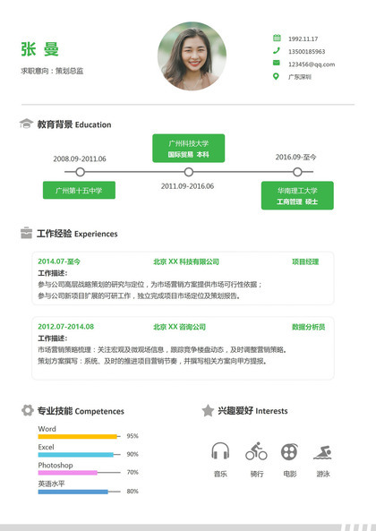 小清新白绿色策划总监个人求职简历Word模板