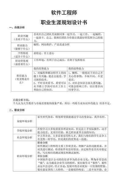 软件工程师通用个人职业生涯规划书Word模板