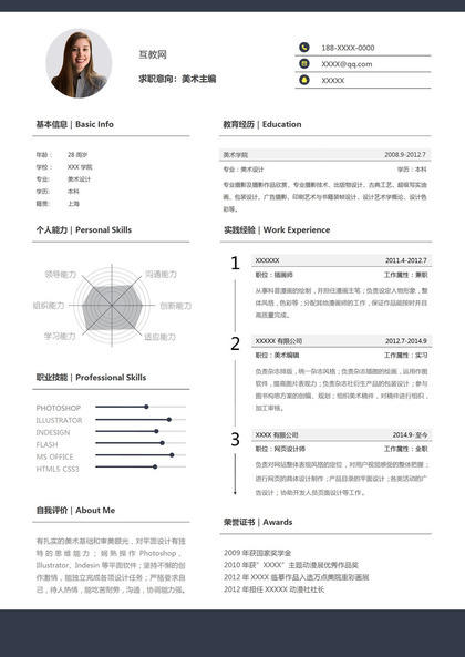 经典时尚美术主编相关工作岗位个人应聘求职简历Word模板